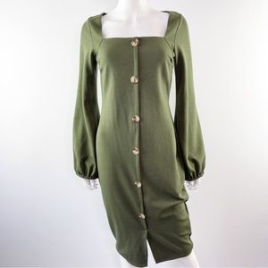 NEW Boohoo Night Square Neck Button Detail Midi Dress in Khaki Green Size 10